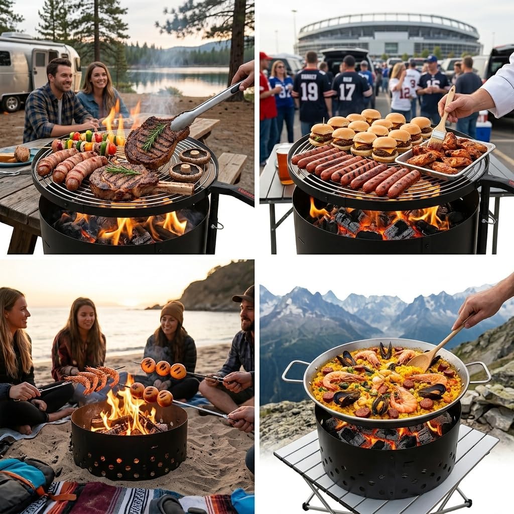 Volcano Fire Pit-Grill 24” Heavy Duty Steel Outdoor Fire Pit Cooking Grill System with Dutch Oven, 360° Rotating Adjustable Grill Ring, Wood & Charcoal Compatible for Backyard, Camping Cooking