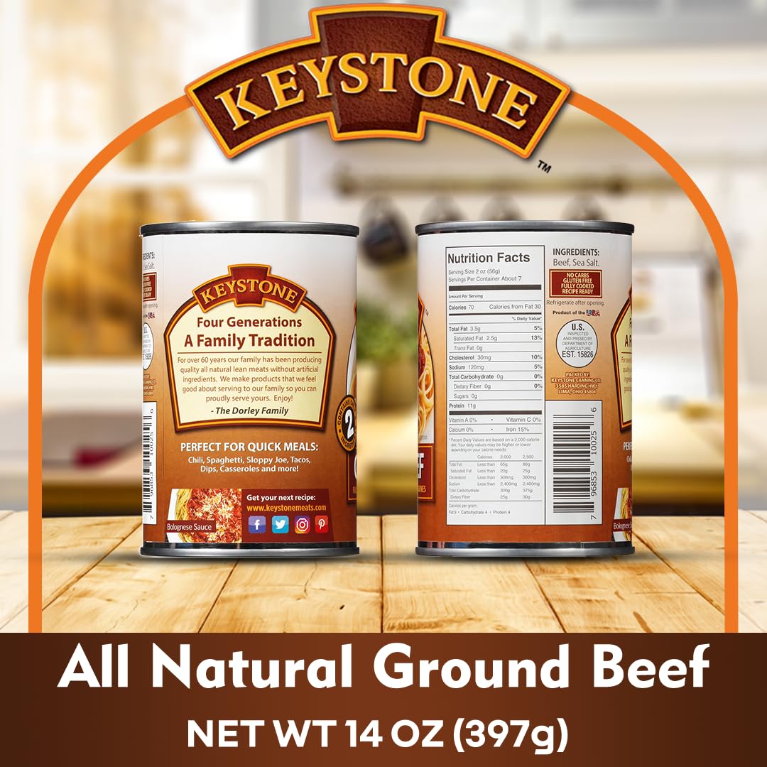Keystone All Natural Ground Beef 14 Ounce Long Term Emergency Survival Food Canned Meat | Fully Cooked Ready to Eat | Gluten Free Family Pack