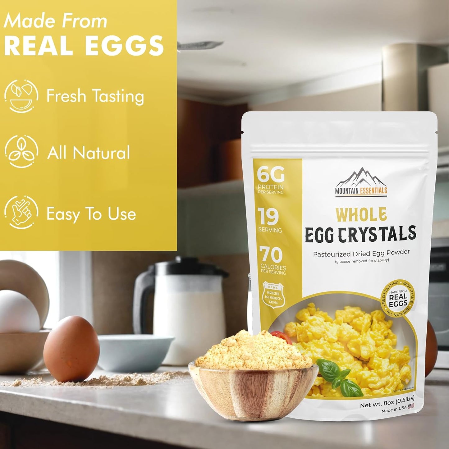 MOUNTAIN ESSENTIALS Whole Egg Crystals Pasteurized Dried Egg Powder 8 Oz Great for Breakfast and Camping Meals