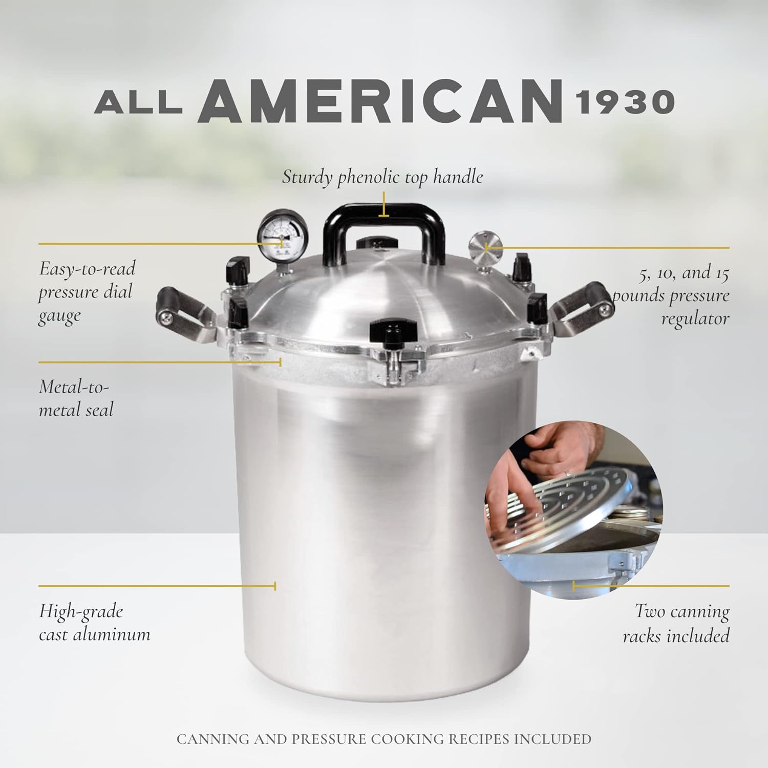 All American 1930: 30qt Pressure Cooker/Canner (The 930) - Exclusive Metal-to-Metal Sealing System - Easy to Open & Close - Suitable for Gas or Electric Stoves - Made in the USA