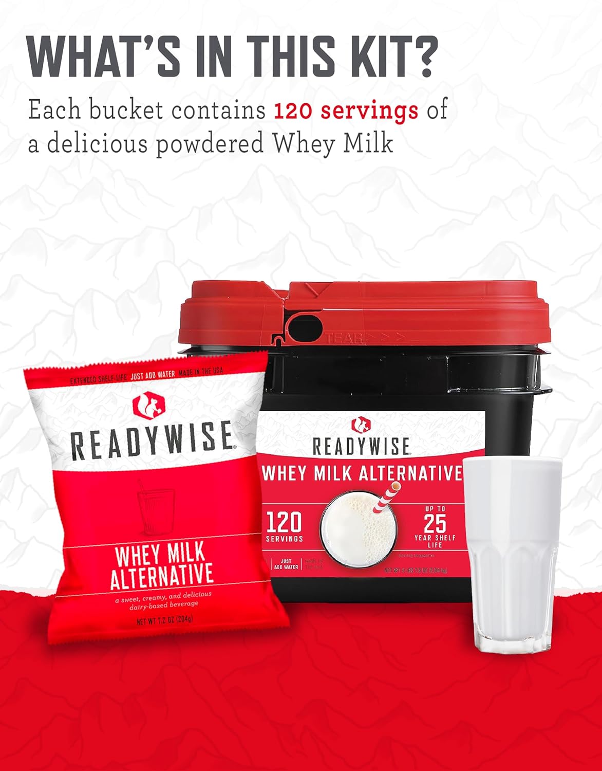 READYWISE - Whey Milk Alternative Bucket, 120 Servings, Emergency, MRE Meal & Drink Supply, Premade, Freeze Dried Survival Drink for Hiking, Adventure and Camping Essentials, Individually Packaged, 25 Year Shelf Life