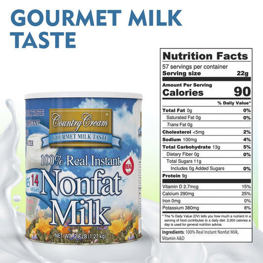 Country Cream 100% Real Instant Nonfat Dry Milk Powder Rich in Vitamin A & D | Dry Milk powder for Baking and Coffee Substitute For Liquid Milk Gluten Free Shelf Stable #10 Can Pack of 6