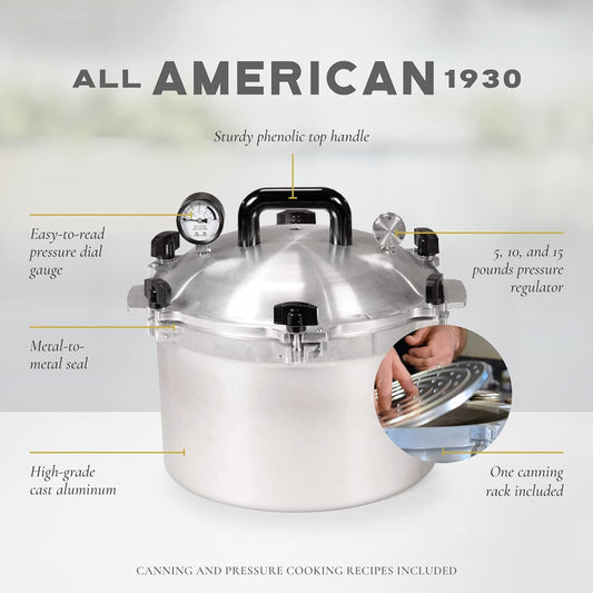 All American 1930: 15.5qt Pressure Cooker/Canner (The 915) - Exclusive Metal-to-Metal Sealing System - Easy to Open & Close - Suitable for Gas, Electric, or Flat Top Stoves - Made in the USA