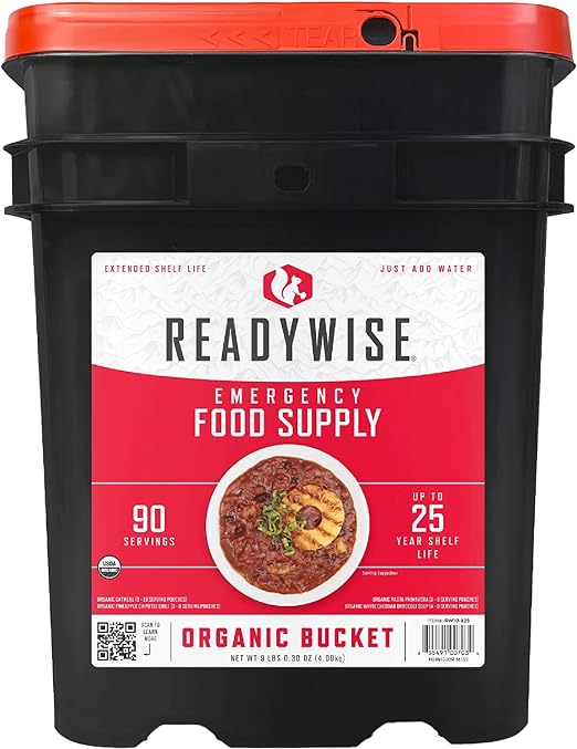 READYWISE - Organic Bucket, 90 Servings, Emergency, MRE Meal, Food Supply, Premade, Freeze Dried Survival Food for Hiking, Adventure and Camping Essentials, Individually Packaged, 25 Year Shelf Life