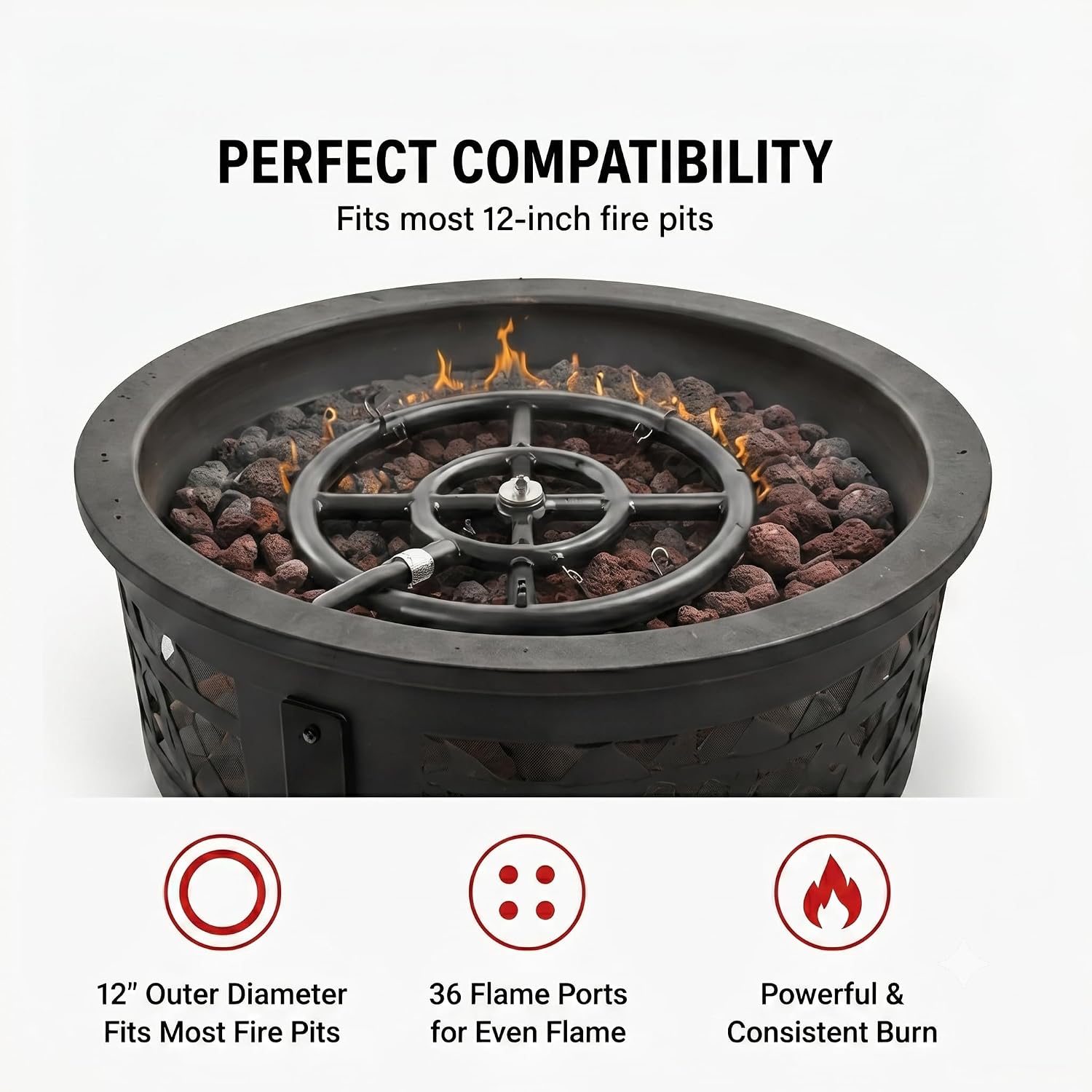 Volcano Fire Pit Burner Ring Kit for Volcano 2 & 3 Outdoor Grills –12” Double Steel Burner, 36 Flame Ports, Propane Regulator, 52” Hose & J-Tube | Portable Fire Pit for Camping, Patio & Backyard
