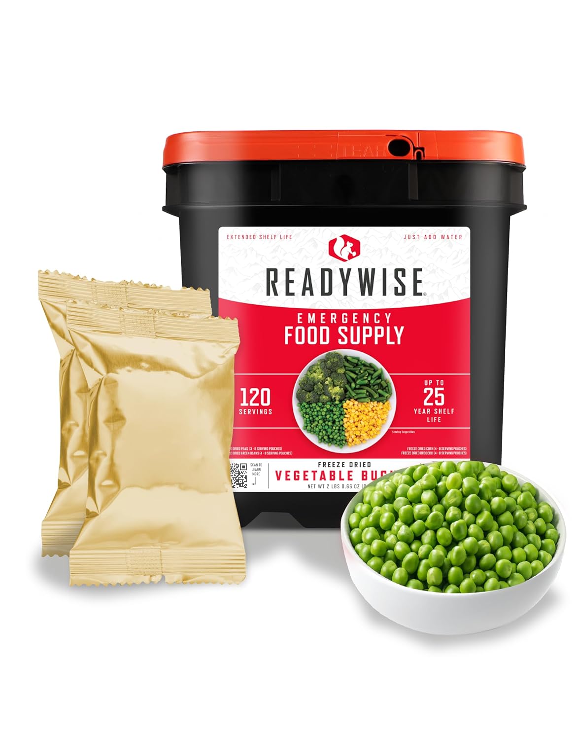 ReadyWise, 120 Servings, Vegetable Bucket, Broccoli, Sweet Corn, Green Beans, Peas, Freeze Dried, 20 Years Shelf Life, Emergency Food