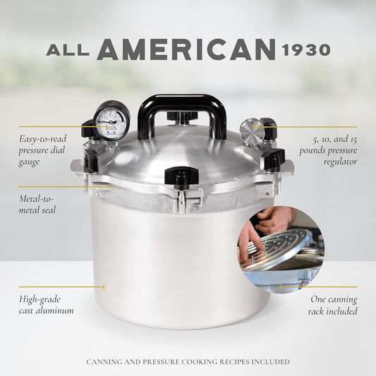 All American 1930: 10.5qt Pressure Cooker/Canner (The 910) - Exclusive Metal-to-Metal Sealing System - Easy to Open & Close - Suitable for Gas, Electric, or Flat Top Stoves - Made in the USA
