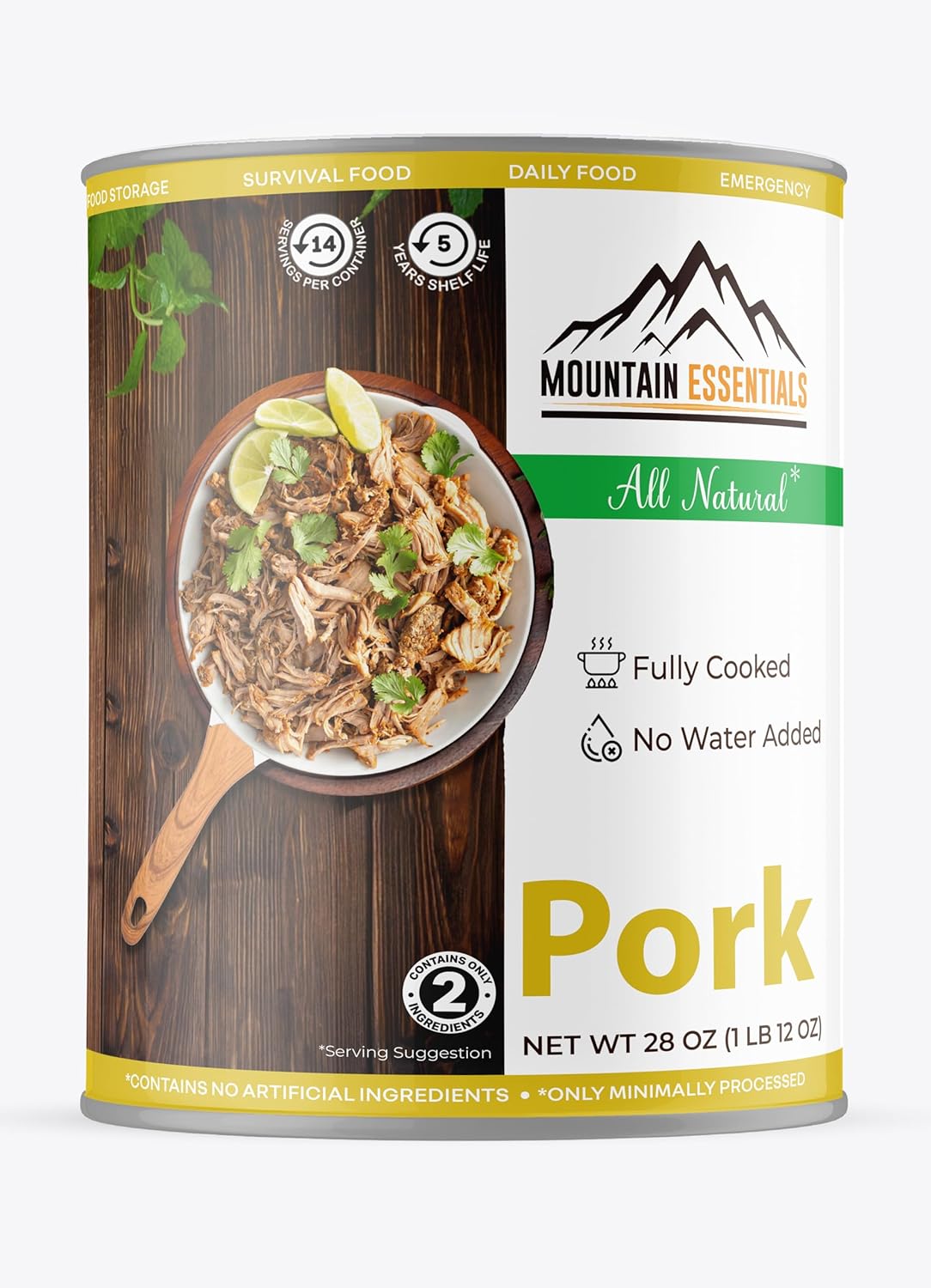 MOUNTAIN ESSENTIALS All Natural Canned Pork 28 Oz Fully Cooked Ready to Eat Emergency Survival Bulk Food Storage Premium Meat for Backpacking, Camping, Meal Prep Shelf Stable Food