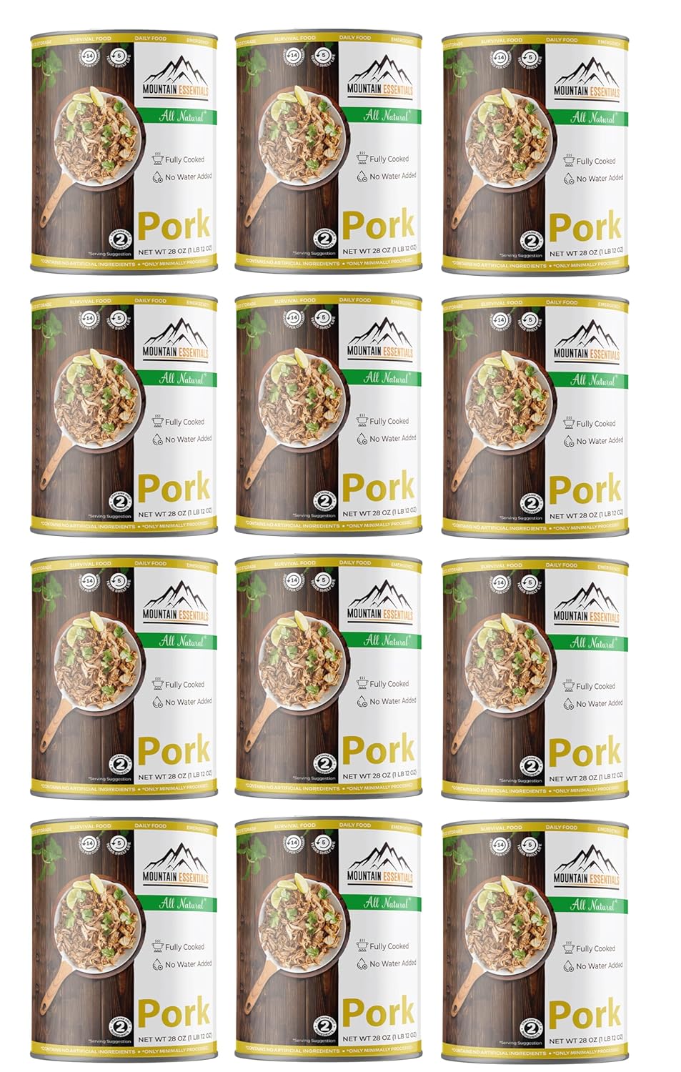 MOUNTAIN ESSENTIALS All Natural Canned Pork 28 Oz Fully Cooked Ready to Eat Emergency Survival Bulk Food Storage Premium Meat for Backpacking, Camping, Meal Prep Shelf Stable Food Pack of 12
