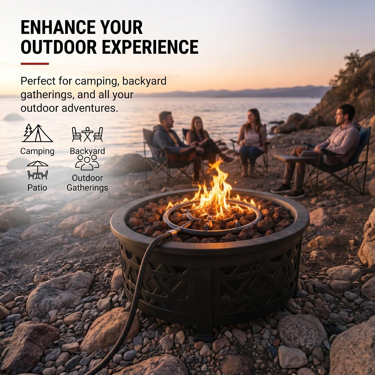 Volcano Fire Pit Burner Ring Kit for Volcano 2 & 3 Outdoor Grills –12” Double Steel Burner, 36 Flame Ports, Propane Regulator, 52” Hose & J-Tube | Portable Fire Pit for Camping, Patio & Backyard