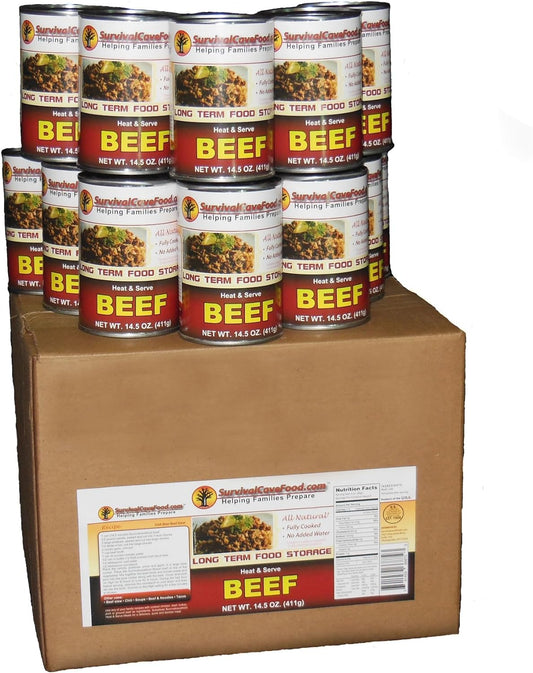 Survival cave Canned Beef Food Storage - 60 servings, Full Case of 12 14.5 Oz Cans