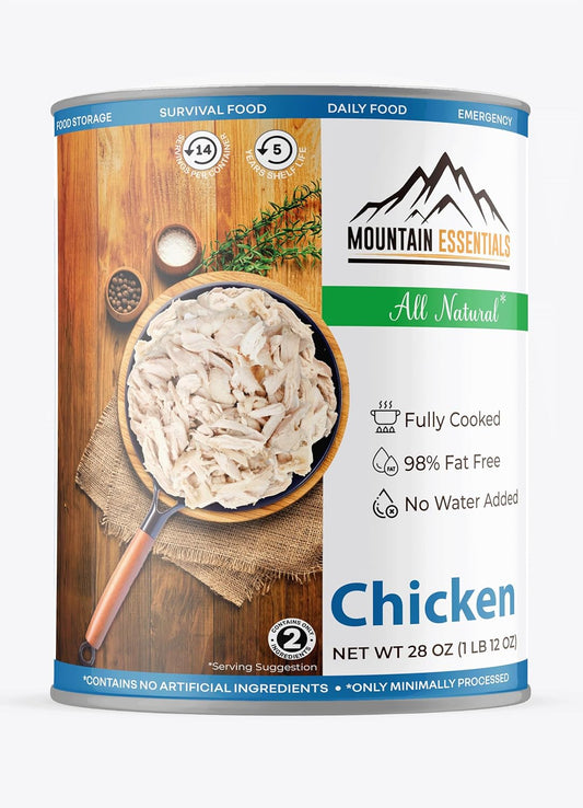 MOUNTAIN ESSENTIALS All Natural Fully Cooked Chicken 28 Oz Recipe Ready Canned Meat No Water Added | No Carbs | No Preservatives Daily Food Perfect for Camping or Home Meals Emergency Food Pack