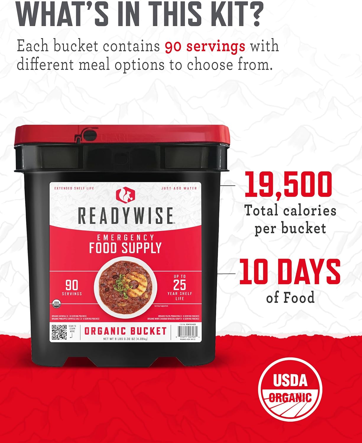 READYWISE - Organic Bucket, 90 Servings, Emergency, MRE Meal, Food Supply, Premade, Freeze Dried Survival Food for Hiking, Adventure and Camping Essentials, Individually Packaged, 25 Year Shelf Life