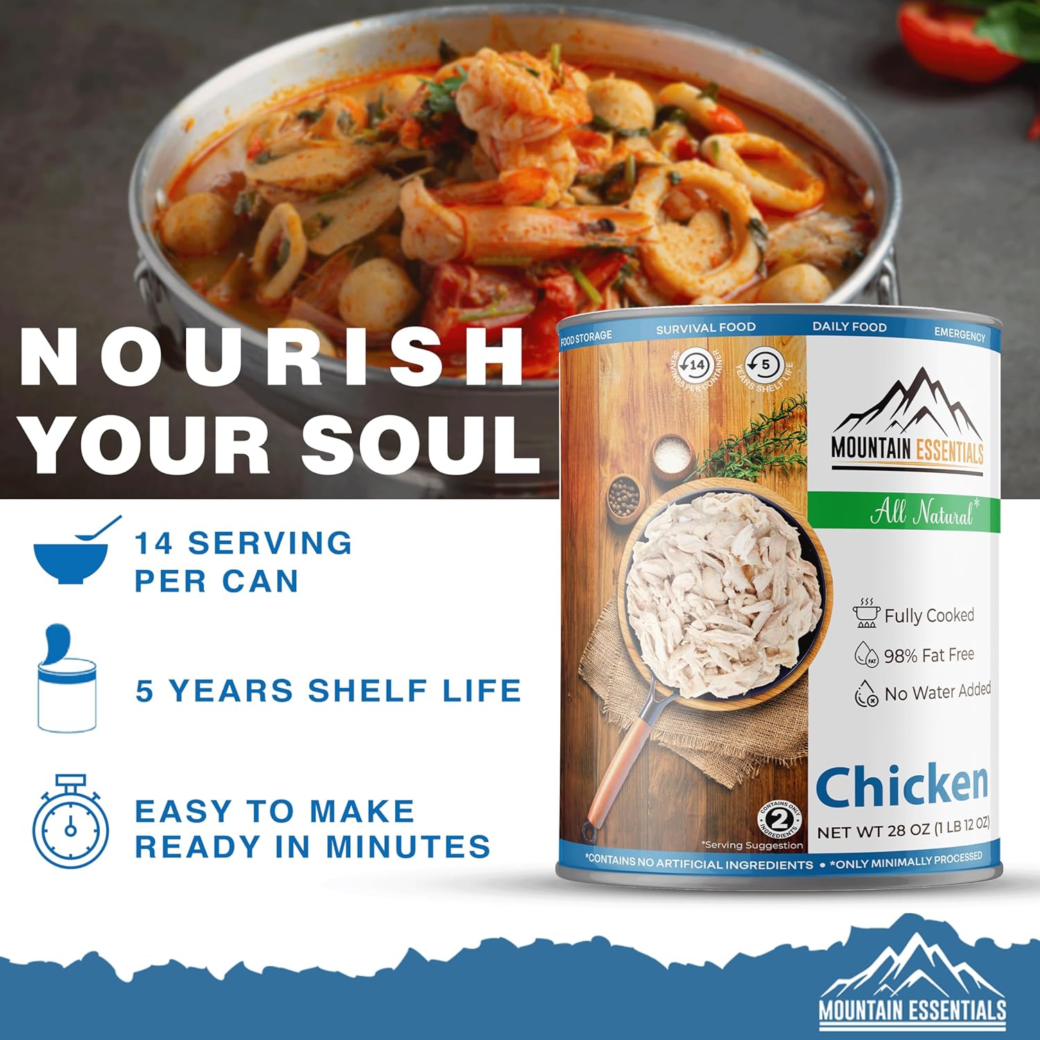 MOUNTAIN ESSENTIALS All Natural Fully Cooked Chicken 28 Oz Recipe Ready Canned Meat No Water Added | No Carbs | No Preservatives Daily Food Perfect for Camping or Home Meals Emergency Food Pack 