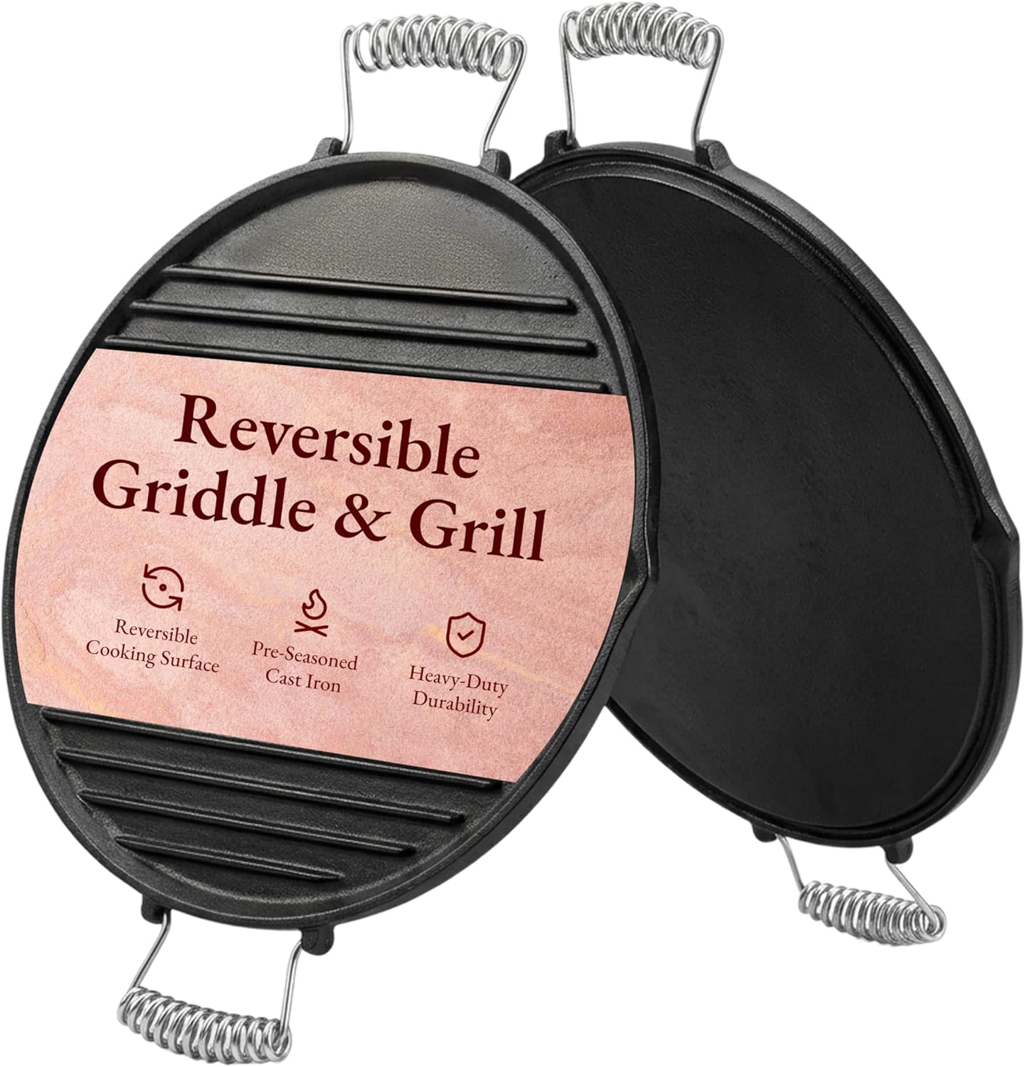 Volcano Reversible Cast Iron Griddle 16 Inch– Dual-Sided Flat & Ribbed Grill Pan for Volcano Collapsible Grill, Pre-Seasoned Round Plate, Portable Camping Cooking for Grilling, Frying & Sauteing