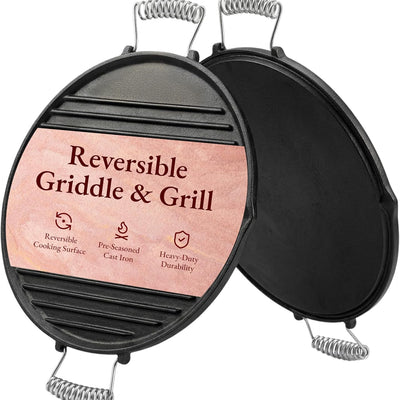 Volcano Reversible Cast Iron Griddle 16 Inch– Dual-Sided Flat & Ribbed Grill Pan for Volcano Collapsible Grill, Pre-Seasoned Round Plate, Portable Camping Cooking for Grilling, Frying & Sauteing