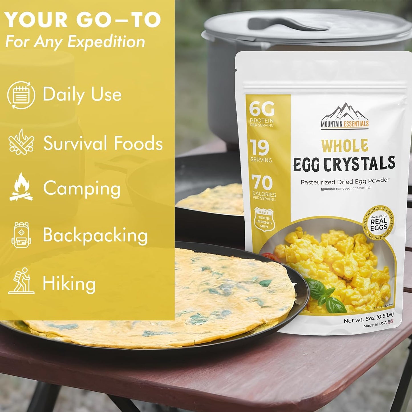 MOUNTAIN ESSENTIALS Whole Egg Crystals Pasteurized Dried Egg Powder 8 Oz Great for Breakfast and Camping Meals