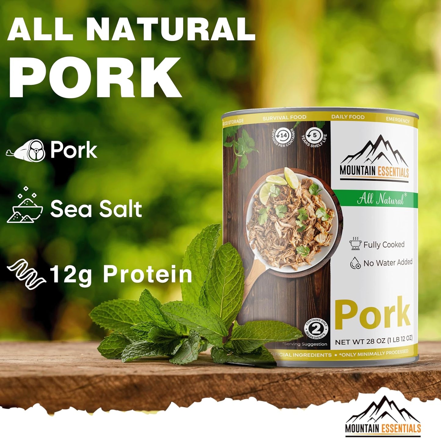 MOUNTAIN ESSENTIALS All Natural Canned Pork 28 Oz Fully Cooked Ready to Eat Emergency Survival Bulk Food Storage Premium Meat for Backpacking, Camping, Meal Prep Shelf Stable Food
