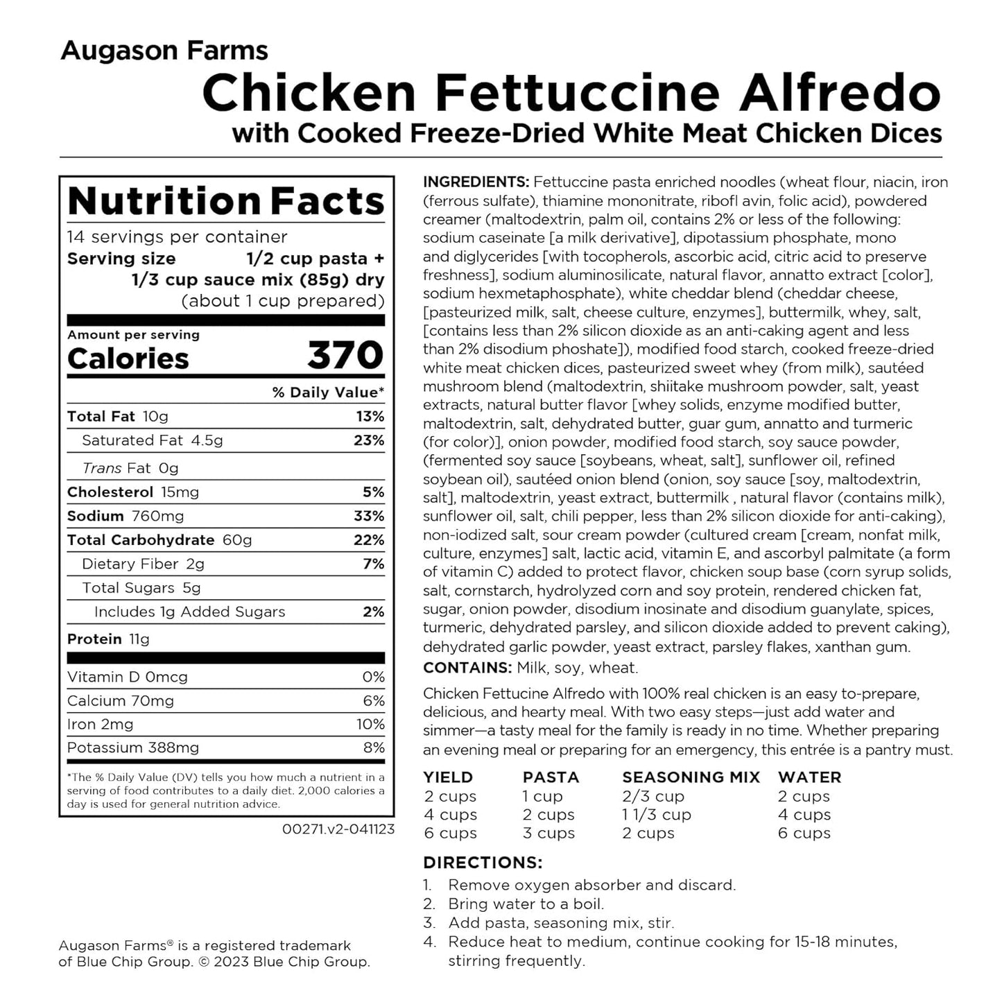 Augason Farms Freeze Dried Chicken Fettuccine Alfredo Kit 42.02 Oz No. 10 Can