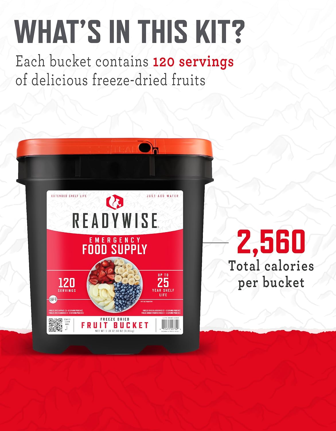 READYWISE - Emergency Food Supply, Fruit Bucket, 120 Servings, MRE, Premade, Freeze Dried Survival Food for Hiking, Adventure & Camping Essentials, Individually Packaged, 20 Year Shelf Life