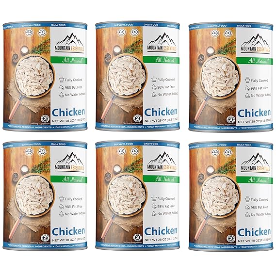 MOUNTAIN ESSENTIALS All Natural Fully Cooked Chicken 28 Oz Recipe Ready Canned Meat No Water Added | No Carbs | No Preservatives Daily Food Perfect for Camping or Home Meals Emergency Food Pack of 6