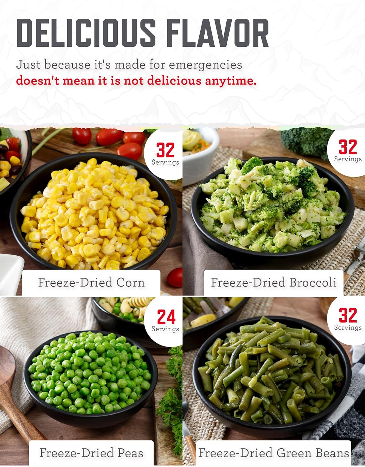  Vegetable Bucket, Broccoli, Sweet Corn, Green Beans, Peas, Freeze Dried, 20 Years Shelf Life, Emergency Food