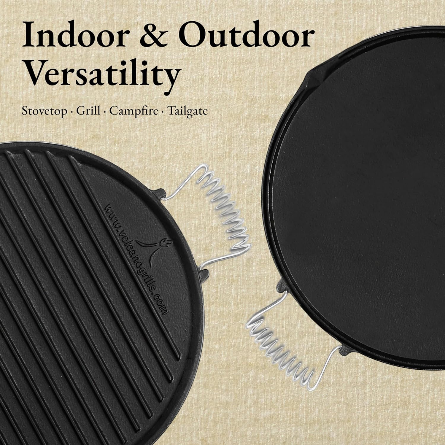 Volcano Reversible Cast Iron Griddle 16 Inch– Dual-Sided Flat & Ribbed Grill Pan for Volcano Collapsible Grill, Pre-Seasoned Round Plate, Portable Camping Cooking for Grilling, Frying & Sauteing