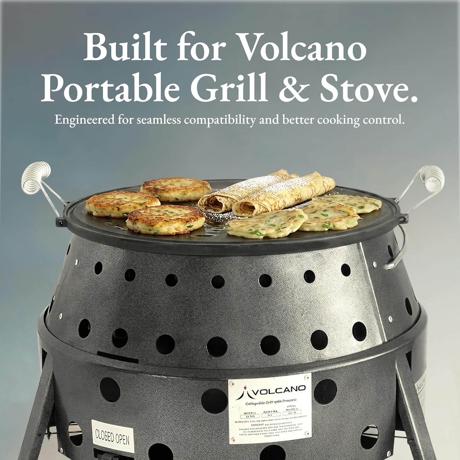 Volcano Reversible Cast Iron Griddle 16 Inch– Dual-Sided Flat & Ribbed Grill Pan for Volcano Collapsible Grill, Pre-Seasoned Round Plate, Portable Camping Cooking for Grilling, Frying & Sauteing