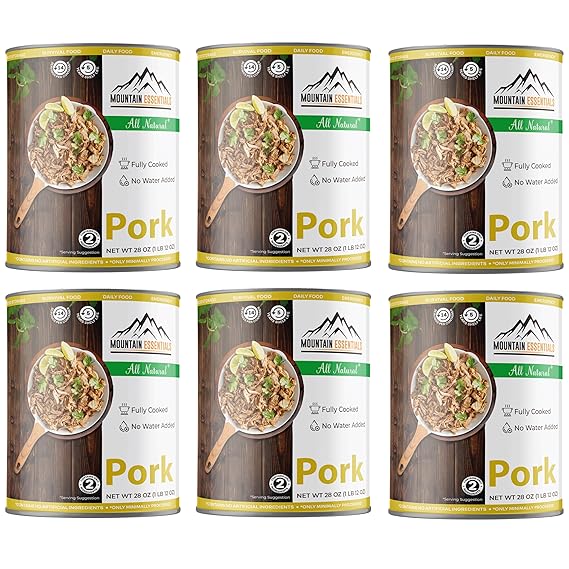 MOUNTAIN ESSENTIALS All Natural Canned Pork 28 Oz Fully Cooked Ready to Eat Emergency Survival Bulk Food Storage Premium Meat for Backpacking, Camping, Meal Prep Shelf Stable Food Pack of 6