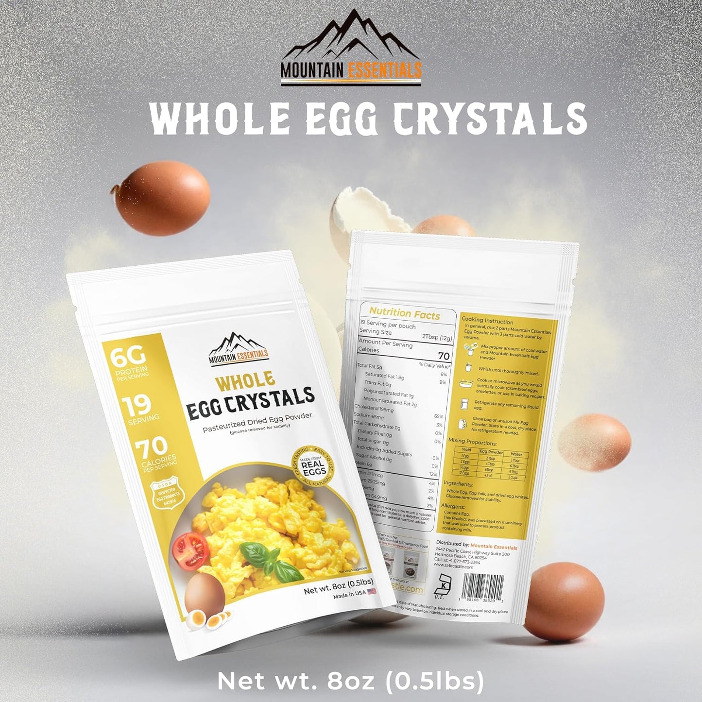 MOUNTAIN ESSENTIALS Whole Egg Crystals Pasteurized Dried Egg Powder 8 Oz Great for Breakfast and Camping Meals