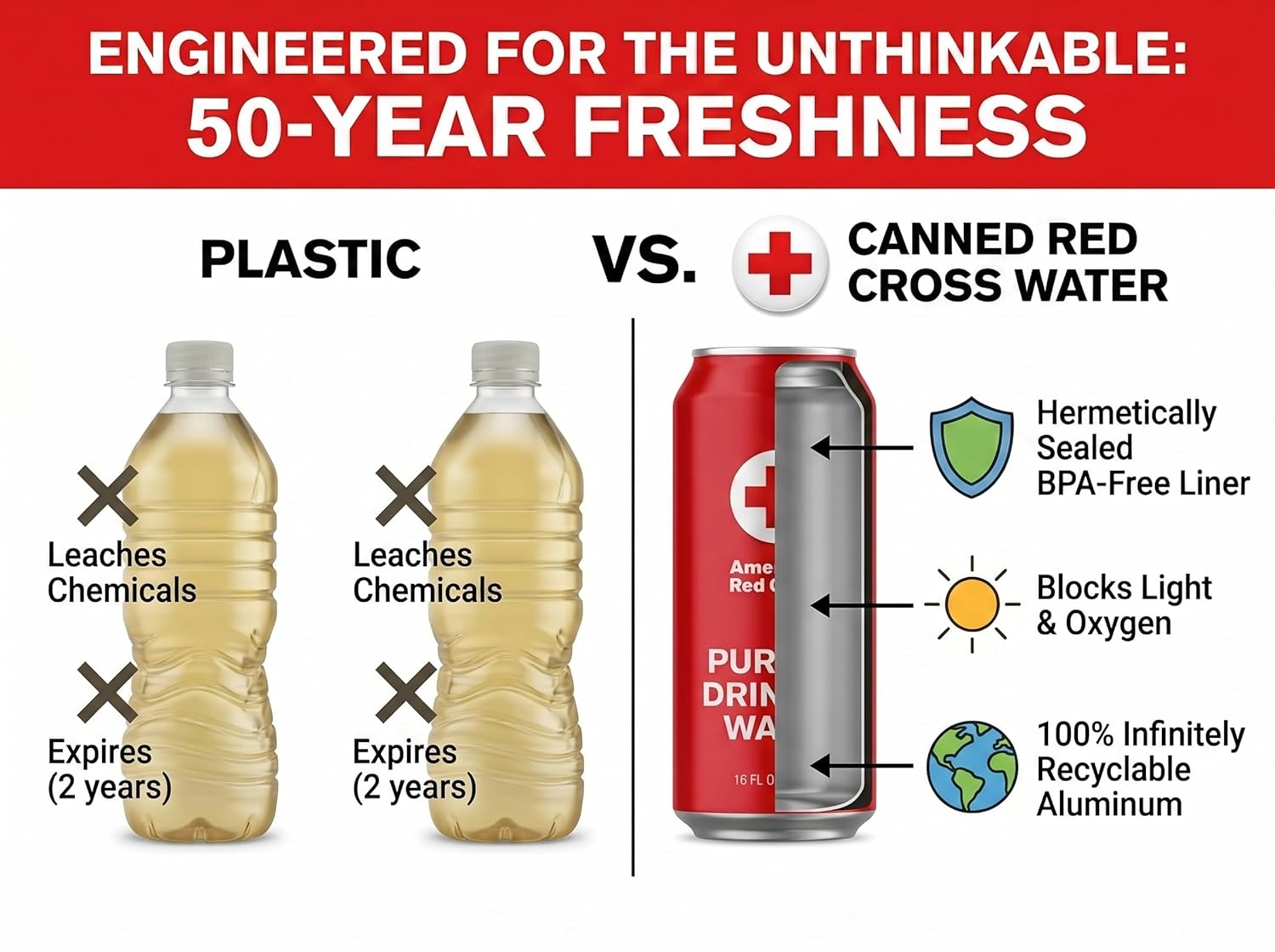 American Red Cross Emergency Purified Drinking Water, Case of 12, 50-Year Shelf Life, Hermetically Sealed Aluminum Cans, BPA-Free, 2.5–5 Day Supply Per Person, Emergency & Everyday Preparedness