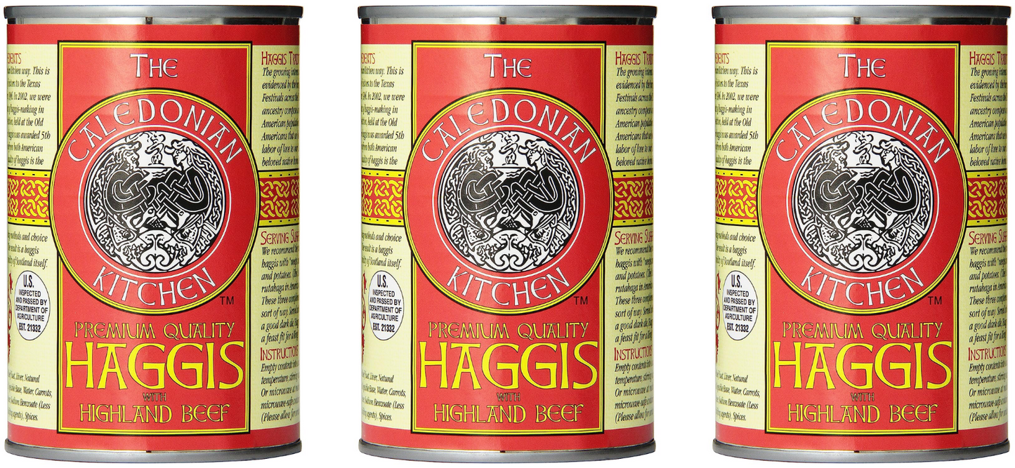 A nutritional facts label for Caledonian Kitchen Haggis with Highland Beef. The label shows that each serving of haggis contains 170 calories, 460 mg of sodium, 2 g of fiber, 2 g of sugars, and 8 g of protein.