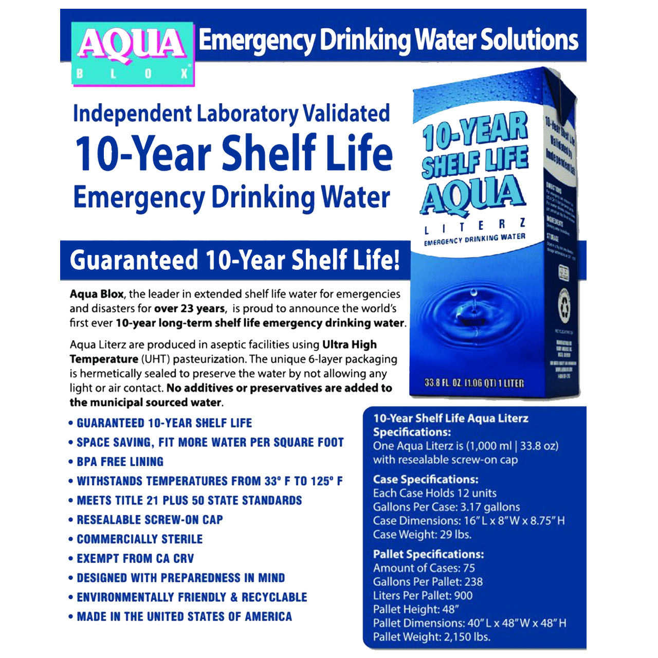 AQUA LITERZ EMERGENCY DRINKING WATER - 10 YEAR SHELF LIFE - PALLET OF 900 LITERS