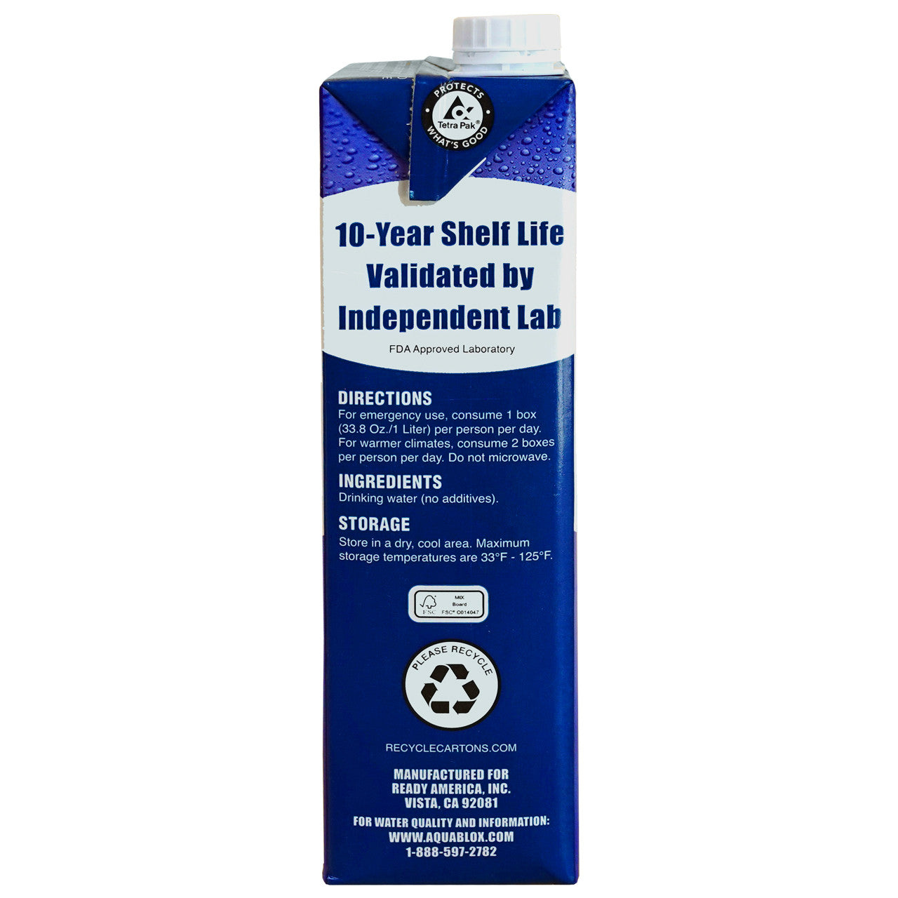 Aqua Literz Emergency Drinking Water - 10 year shelf life - Pallet of 900 liters