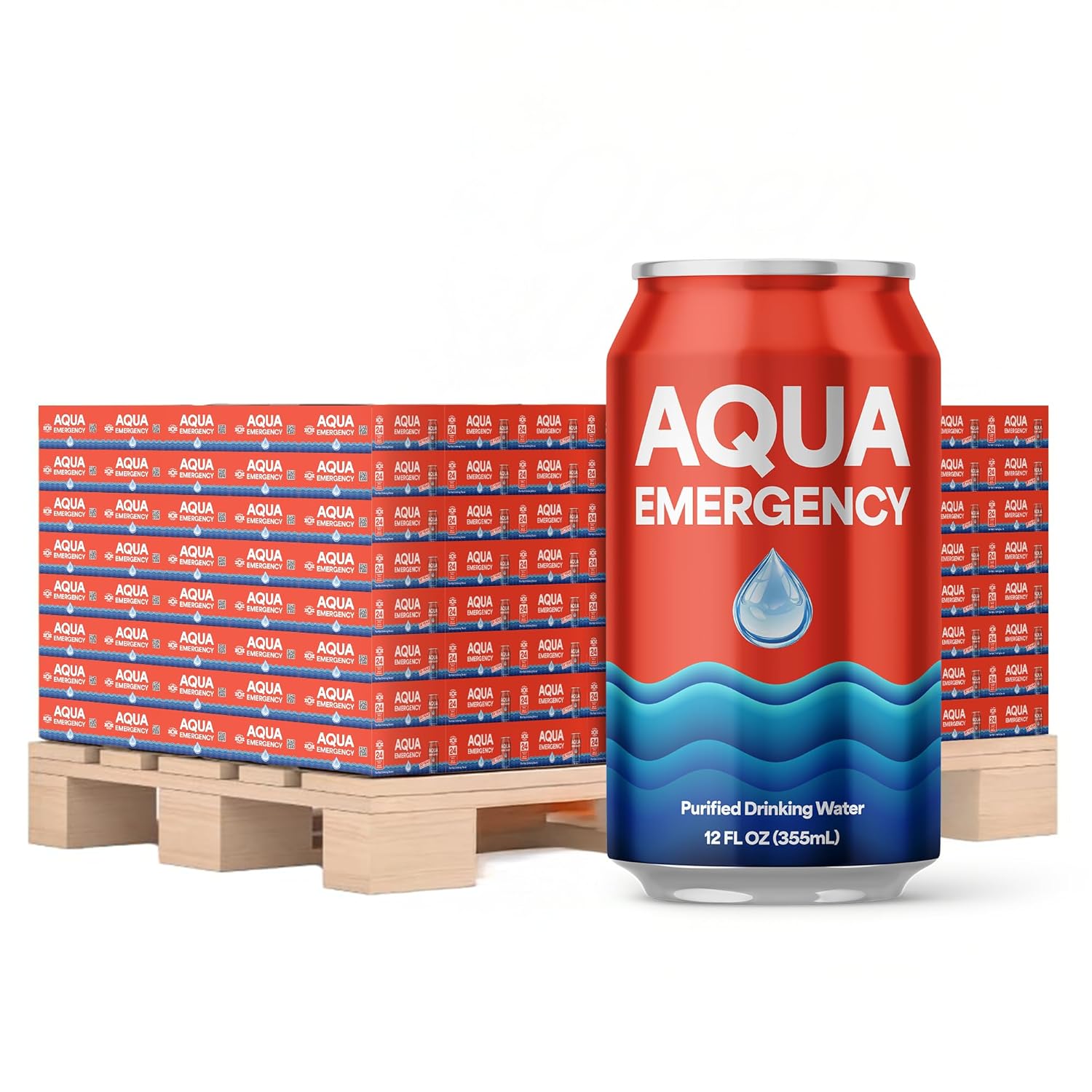 Aqua Emergency Water Pallet of 100 cases, each case 24 Cans, 50 year shelf life