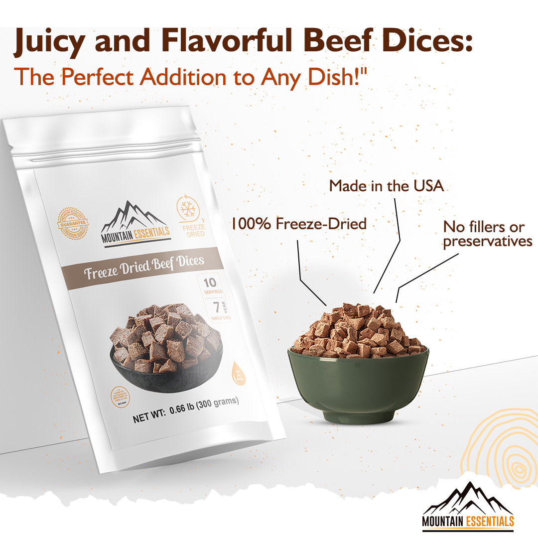 Mountain Essentials Freeze Dried Beef Dices | Pre-Cooked Meat for Backpacking, Camping, Meal Prep