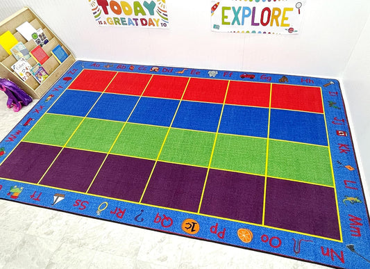 Rectangular Classroom Rug: 'ABC Rainbow Seating' by KidCarpet.com, Size 7'6" x 12' with 24 Seats