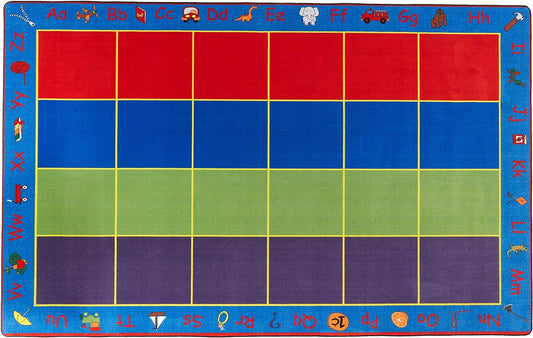 Rectangular Classroom Rug: 'ABC Rainbow Seating' by KidCarpet.com, Size 7'6" x 12' with 24 Seats