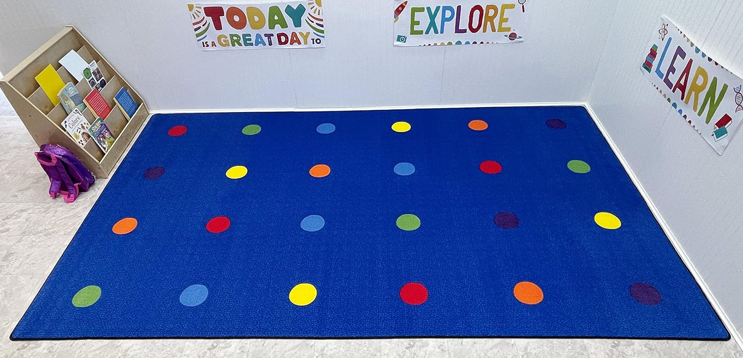 Rectangular Classroom Rug: 'On The Spot Seating' by KidCarpet.com, Size 7'6" x 12', Multi on Blue