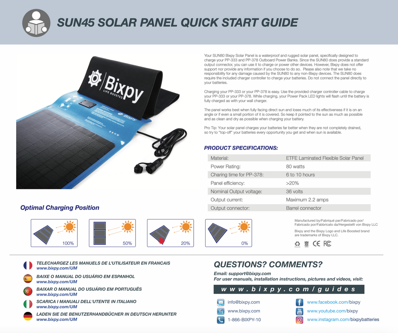 Bixpy SUN80 Waterproof BEST Bi-Fold Portable Solar Panel