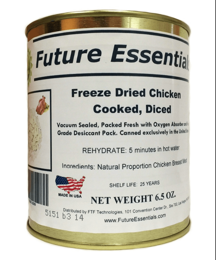 Future Essentials Freeze Dried Cooked Diced Chicken is free of preservatives and artificial ingredients. It is also gluten-free and non-allergenic. Each can contains 6 half-cup servings of freeze-dried chicken, which rehydrates to 3.5 cups of cooked chicken.