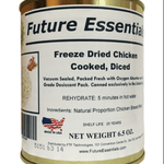Future Essentials Freeze Dried Cooked Diced Chicken is free of preservatives and artificial ingredients. It is also gluten-free and non-allergenic. Each can contains 6 half-cup servings of freeze-dried chicken, which rehydrates to 3.5 cups of cooked chicken.