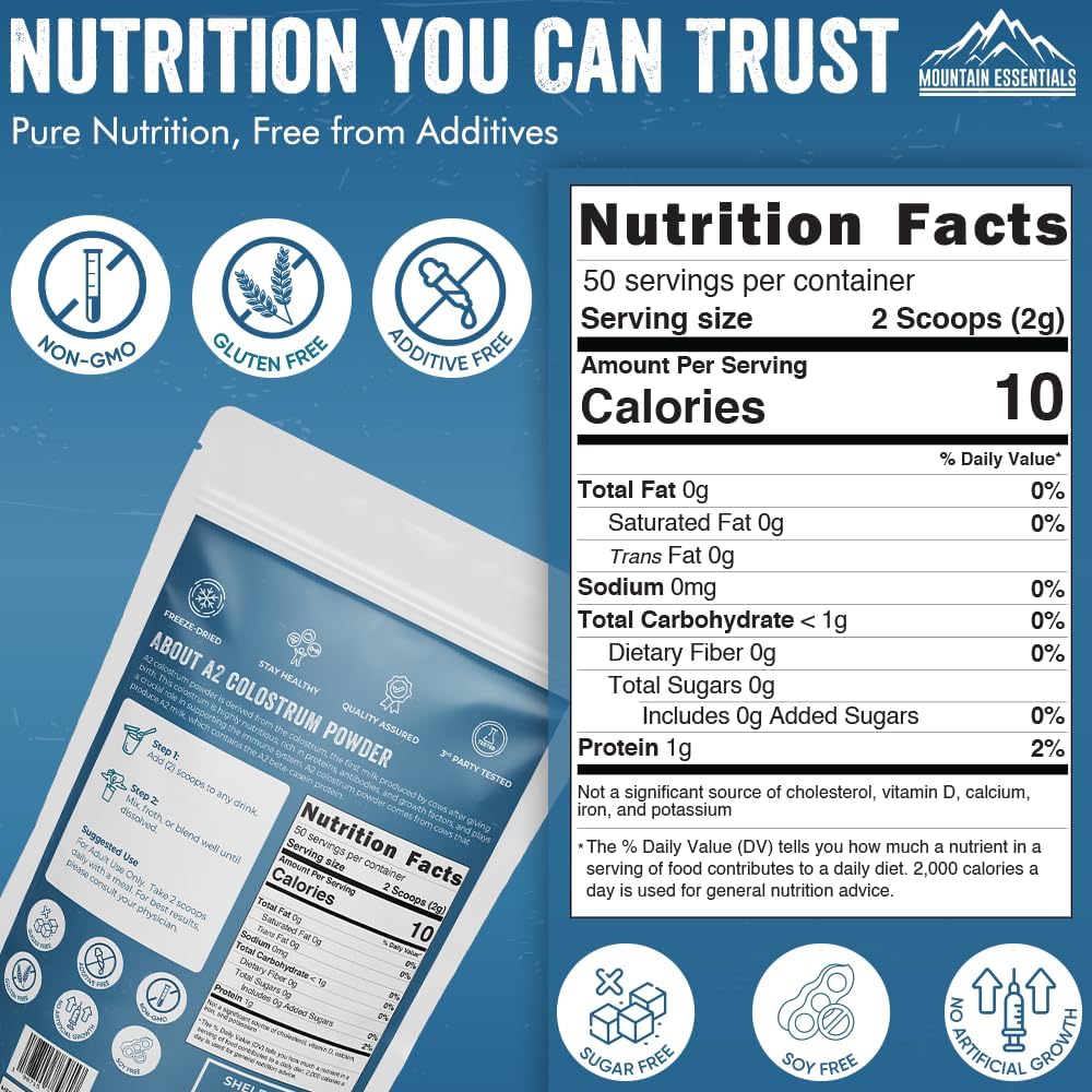 A2 Colostrum Powder 3.5 Oz Bovine Grass Fed Above 40% IGG Gluten Free Non GMO Sugar Free with 1 Year Shelf Life 50 Servings Dietary Supplement Immune Support Muscle Recovery Pack of 1