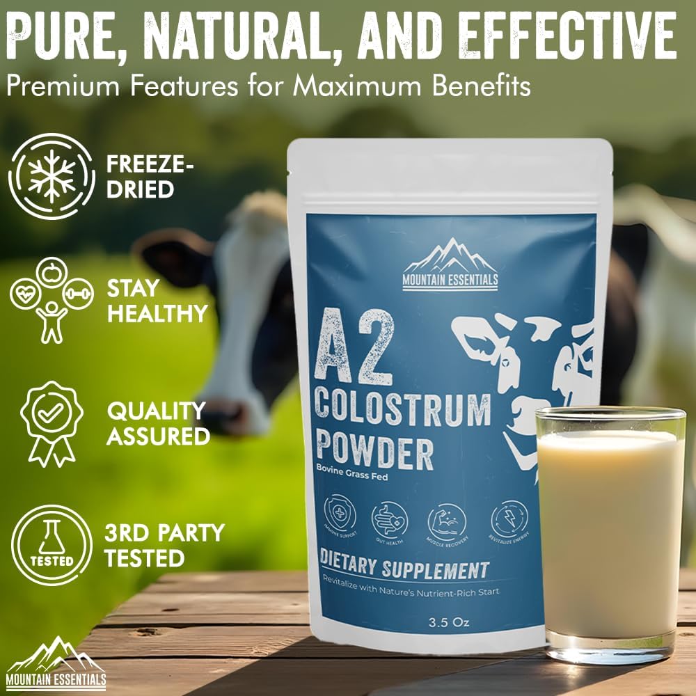 A2 Colostrum Powder 3.5 Oz Bovine Grass Fed Above 40% IGG Gluten Free Non GMO Sugar Free with 1 Year Shelf Life 50 Servings Dietary Supplement Immune Support Muscle Recovery Pack of 1