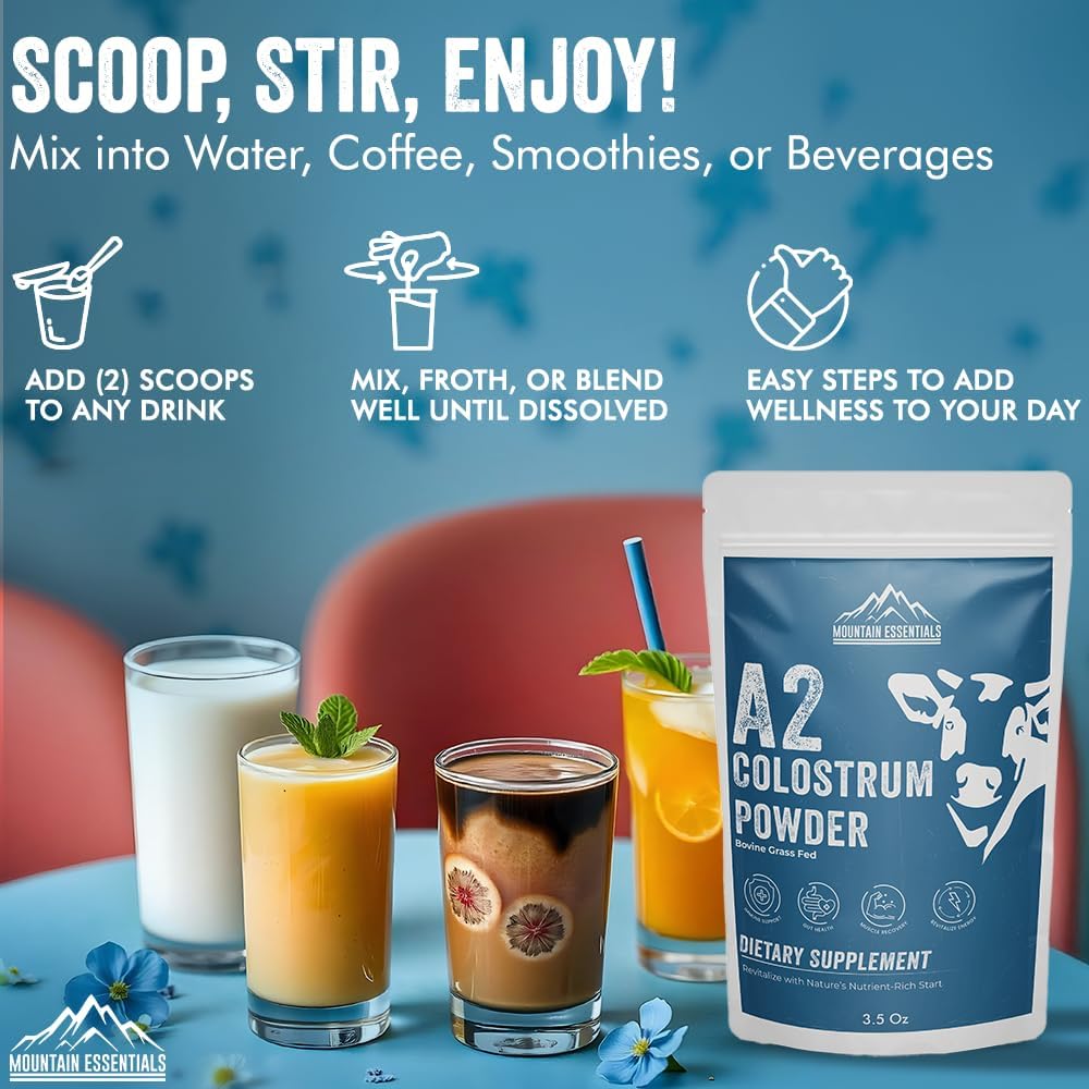 A2 Colostrum Powder 3.5 Oz Bovine Grass Fed Above 40% IGG Gluten Free Non GMO Sugar Free with 1 Year Shelf Life 50 Servings Dietary Supplement Immune Support Muscle Recovery Pack of 1