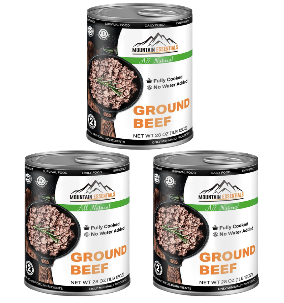 Mountain Essentials Canned Ground Beef - 28 Ounce and easy to prepare. It can be eaten right out of the can, or it can be used to make a variety of dishes. It is a great option for camping, backpacking, or emergency food storage.