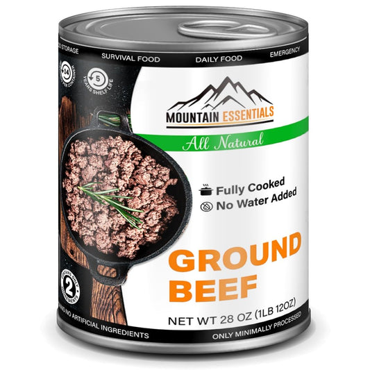 Mountain Essentials Canned Ground Beef - 28 Ounce and easy to prepare. It can be eaten right out of the can, or it can be used to make a variety of dishes. It is a great option for camping, backpacking, or emergency food storage.