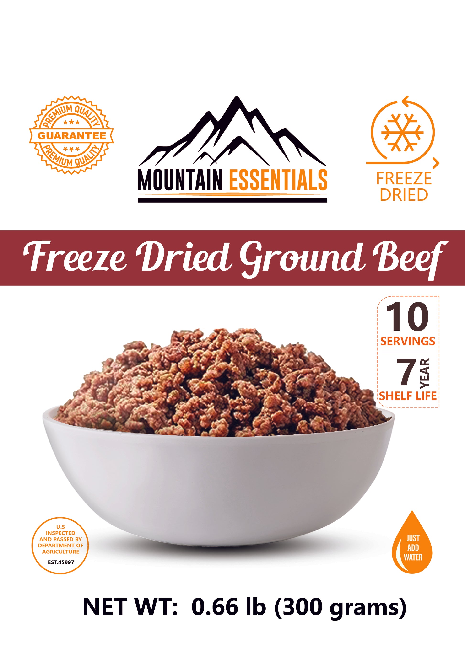 Mountain Essentials Freeze Dried Ground Beef Resealable Pouch 300 grams.