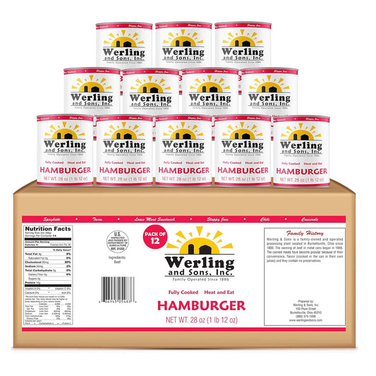 Werling & Sons Canned Hamburger 28 Oz Fully Cooked Ground Beef Heat & Eat Premium Quality Ready to Eat Canned Food Long Shelf Life for Emergency Storage, Camping and Survival Canned Meat Pack of 12