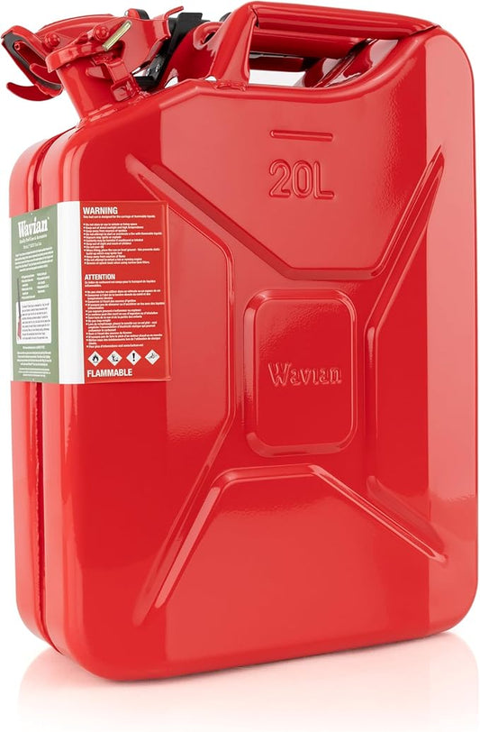 Wavian USA Authentic NATO Jerry Can and Spout System - Rust-Proof, EPA & CARB Compliant, Red, 20 Litre, Wavian 5 Gallon Gas Cans for Gasoline